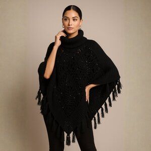 Cowl Neck Crocheted Poncho with Sequins Black NWT